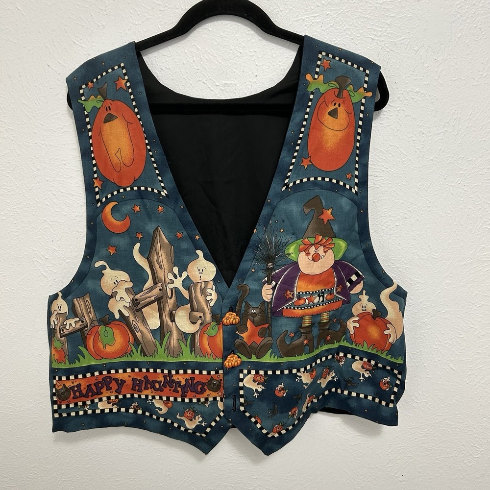 VTG 80s 90s Blue HALLOWEEN VEST Ghost Pumpkin Witch Cats Whimsical CELESTIAL XL